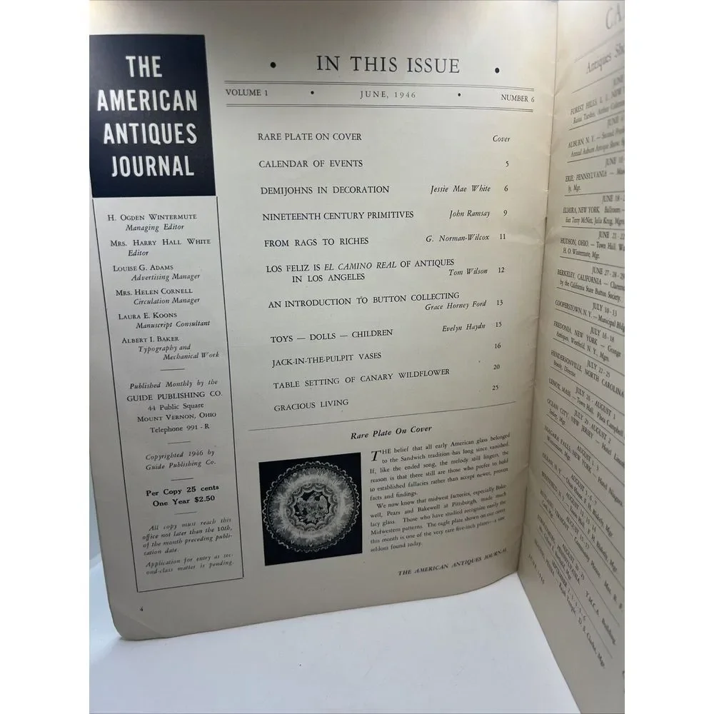 1946 The American Antiques‎ Journal June 1946 Flea Market Sales Calendar